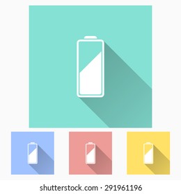 Battery - icon is white with long shadow, flat design. Vector illustration.