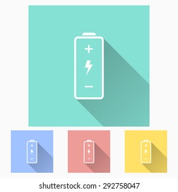 Battery - icon is white with long shadow, flat design. Vector illustration.