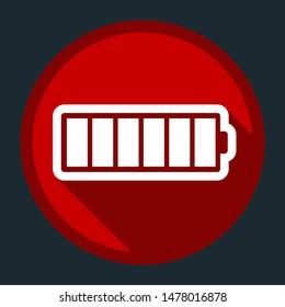 Battery icon. White icon with shadow on round red button at dark cyan background. Illustration.