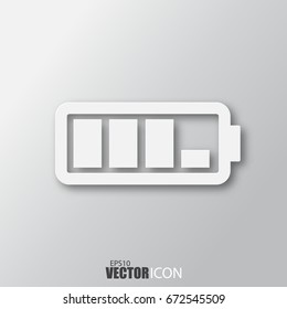 Battery icon in white style with shadow isolated on grey background. For your design, logo. Vector illustration.