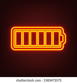 Battery icon. Yellow, orange, red neon icon at dark reddish background. Illumination. Illustration.
