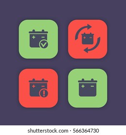 Battery icons, accumulator replacement, warning pictograms