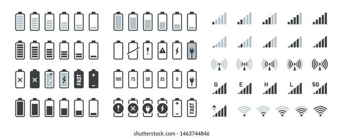 Battery icons. Black charge level gsm and wifi signal strength, smartphone UI elements set. Vector full low and empty charge status, smart sign progression load
