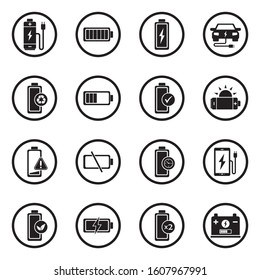 Iconos de batería. Diseño Plano Negro En Círculo. Ilustración vectorial.