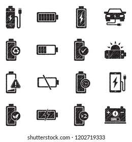 Battery Icons. Black Scribble Design. Vector Illustration.