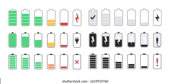 Battery icons. Battery charge level. Phone charge status. Vector