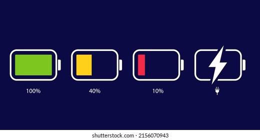 Battery icons. Battery charge level. Phone charge indicator. Battery power percentage, from low to full charging. Discharged, charging and fully charged accumulator.