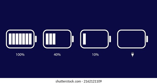 Battery icons. Battery charge level. Phone charge indicator. Battery power percentage, from low to full charging. Discharged, charging and fully charged accumulator.