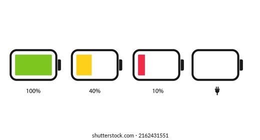 Battery icons. Battery charge level. Phone charge indicator. Battery power percentage, from low to full charging. Discharged, charging and fully charged accumulator.