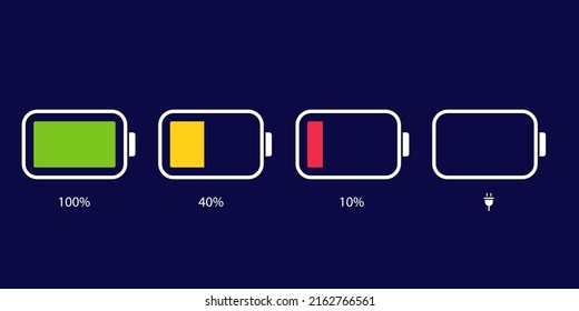 Iconos de la batería. Nivel de carga de la batería. Indicador de carga telefónica. Porcentaje de potencia de la batería, de carga baja a plena. Acumulador descargado, cargado y totalmente cargado.