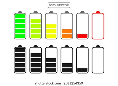 Battery icons. Battery charge level. Phone charge indicator. Battery power from low to full charging