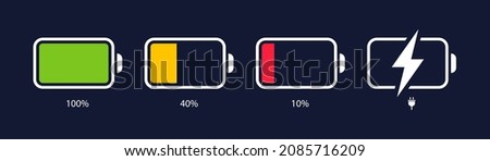 Battery icons. Battery charge level. Phone charge indicator. Battery power percentage, from low to full charging. Discharged, charging and fully charged accumulator.