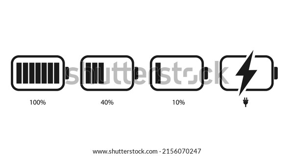 Battery icons. Battery charge
level. Phone charge indicator. Battery power percentage, from low
to full charging. Discharged, charging and fully charged
accumulator.
