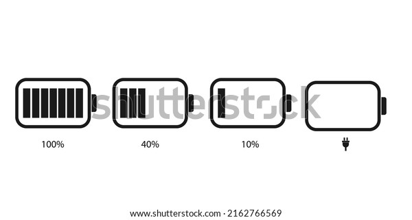 Battery icons. Battery charge\
level. Phone charge indicator. Battery power percentage, from low\
to full charging. Discharged, charging and fully charged\
accumulator.