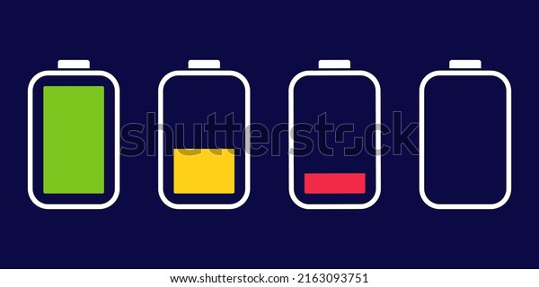Battery icons. Battery charge\
level. Phone charge indicator. Battery power percentage, from low\
to full charging. Discharged, charging and fully charged\
accumulator.