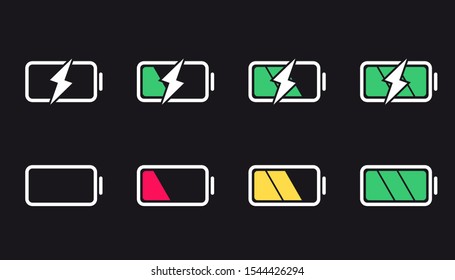 Battery icons. Charge level, UI design elements of battery. Full low and empty battery status. Set of smartphone battery charge level indicators.