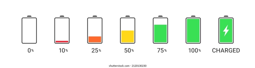 Battery icons. Battery charging icons. Battery charge levels with percentages. Vector illustration