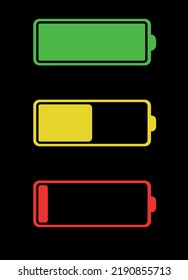 Battery icons. Charging process. Low, medium and high battery level.
