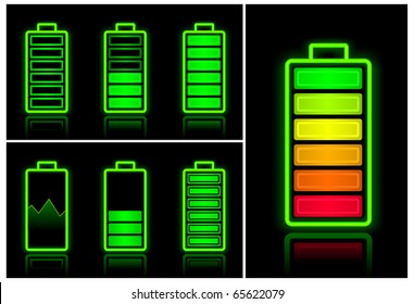 Battery icons with different charge levels on black background, vector illustration