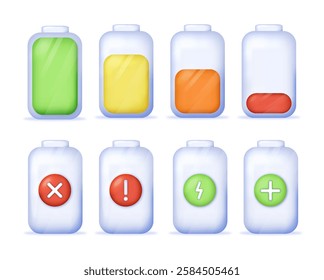 Battery icons displaying various charge levels and status indicators on a white background. Concept of energy, power, and charging status