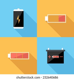 battery icons. Flat design style modern vector illustration. Isolated on stylish color background. Flat long shadow icon. Elements in flat design.