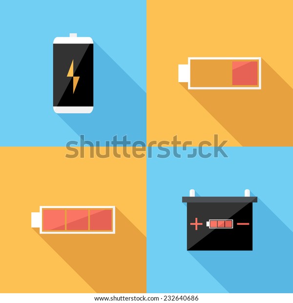 battery icons. Flat design style modern vector\
illustration. Isolated on stylish color background. Flat long\
shadow icon. Elements in flat\
design.