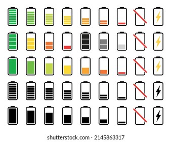 Battery icons with full energy and with no energy. Signs, symbols of power charger with electricity level and empty chargers set illustration. Vector. Technology of charger load with electric fuel.