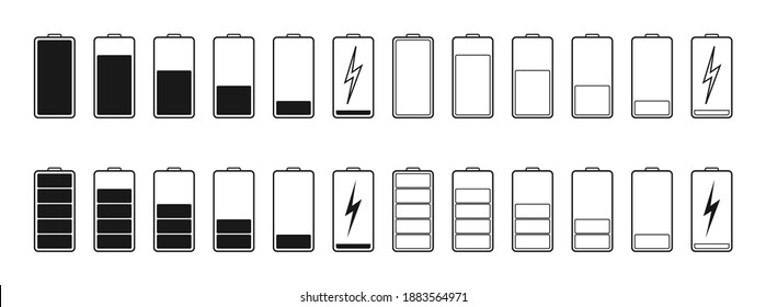 Battery icons. Full or low charge of phone. Symbol of charger. Power of mobile lithium accumulator. Recharge capacity of battery. Indicator of energy in smartphone. Empty cell of charge. Vector.