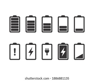 Battery icons. Full, low, and empty battery status. Set battery power from low to full charging. Warning battery status. Vector design illustration.