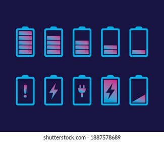 Battery icons. Full, low, and empty battery status. Set battery power from low to full charging. Warning battery status. Vector design illustration.