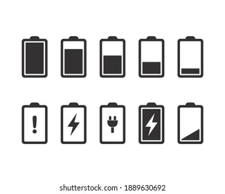 Battery icons. Full, low, and empty battery status. Set battery power from low to full charging. Warning battery status. Vector design illustration.