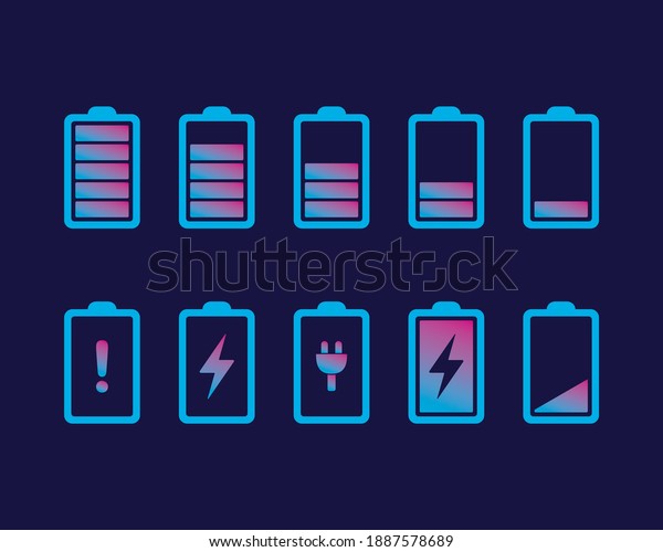 Battery icons. Full, low, and empty battery\
status. Set battery power from low to full charging. Warning\
battery status. Vector design\
illustration.