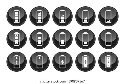 Battery Icons Glossy Black Button Icon Set 