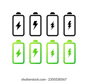 Battery icons. Linear, charging icon, battery charge, battery lightning. Vector icons