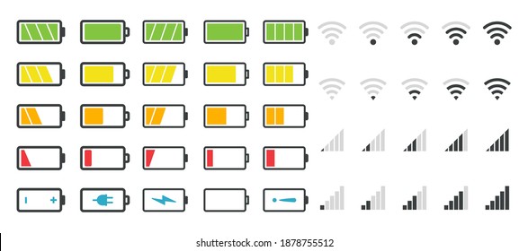 Battery icons. Phone charge level. Vector set from low to full charging