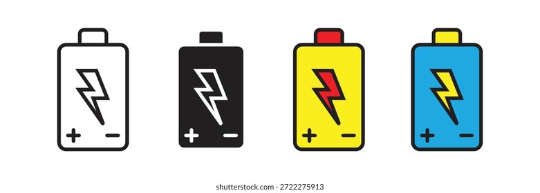 Batteriesymbole mit positiven und negativen Anzeigen und Blitzleuchten, die wiederaufladbare Zellen, Energieniveaus und elektronische Aufladung darstellen.