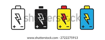 battery icons with positive and negative indicators and lightning bolt, representing rechargeable power cells, energy levels, and electronic charging.