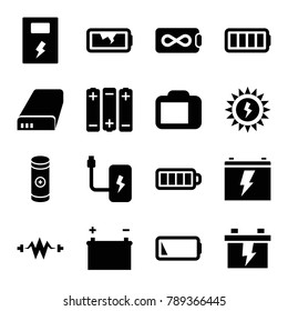 Battery icons. set of 16 editable filled battery icons such as electricity, baterry