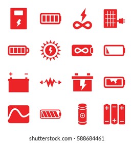 battery icons set. Set of 16 battery filled icons such as baterry, solar panel