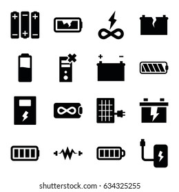 Battery icons set. set of 16 battery filled icons such as baterry, solar panel, electricity