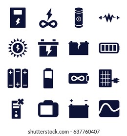 Battery icons set. set of 16 battery filled icons such as camera display, solar panel, electricity