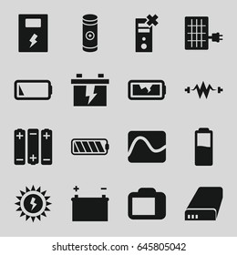 Battery icons set. set of 16 battery filled icons such as camera display, solar panel, electricity