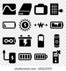 Battery icons set. set of 16 battery filled icons such as baterry, camera display, solar panel, electricity