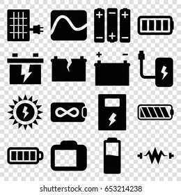 Battery icons set. set of 16 battery filled icons such as baterry, camera display, solar panel