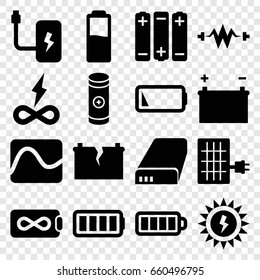 Battery icons set. set of 16 battery filled icons such as baterry, solar panel