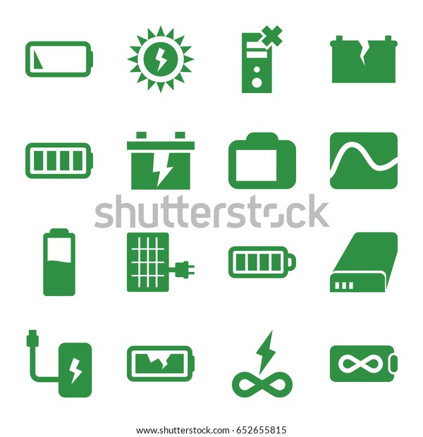 Battery icons set. set\
of 16 battery filled icons such as baterry, camera display, solar\
panel, electricity