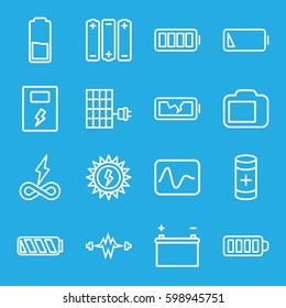 battery icons set. Set of 16 battery outline icons such as baterry, camera display, solar panel