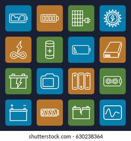 Battery icons set. set of 16 battery outline icons such as baterry, camera display, solar panel