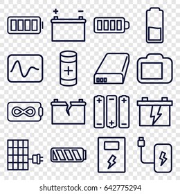 Battery icons set. set of 16 battery outline icons such as baterry, camera display, solar panel