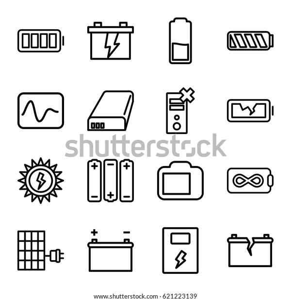 Battery icons set. set of 16\
battery outline icons such as camera display, solar panel,\
electricity